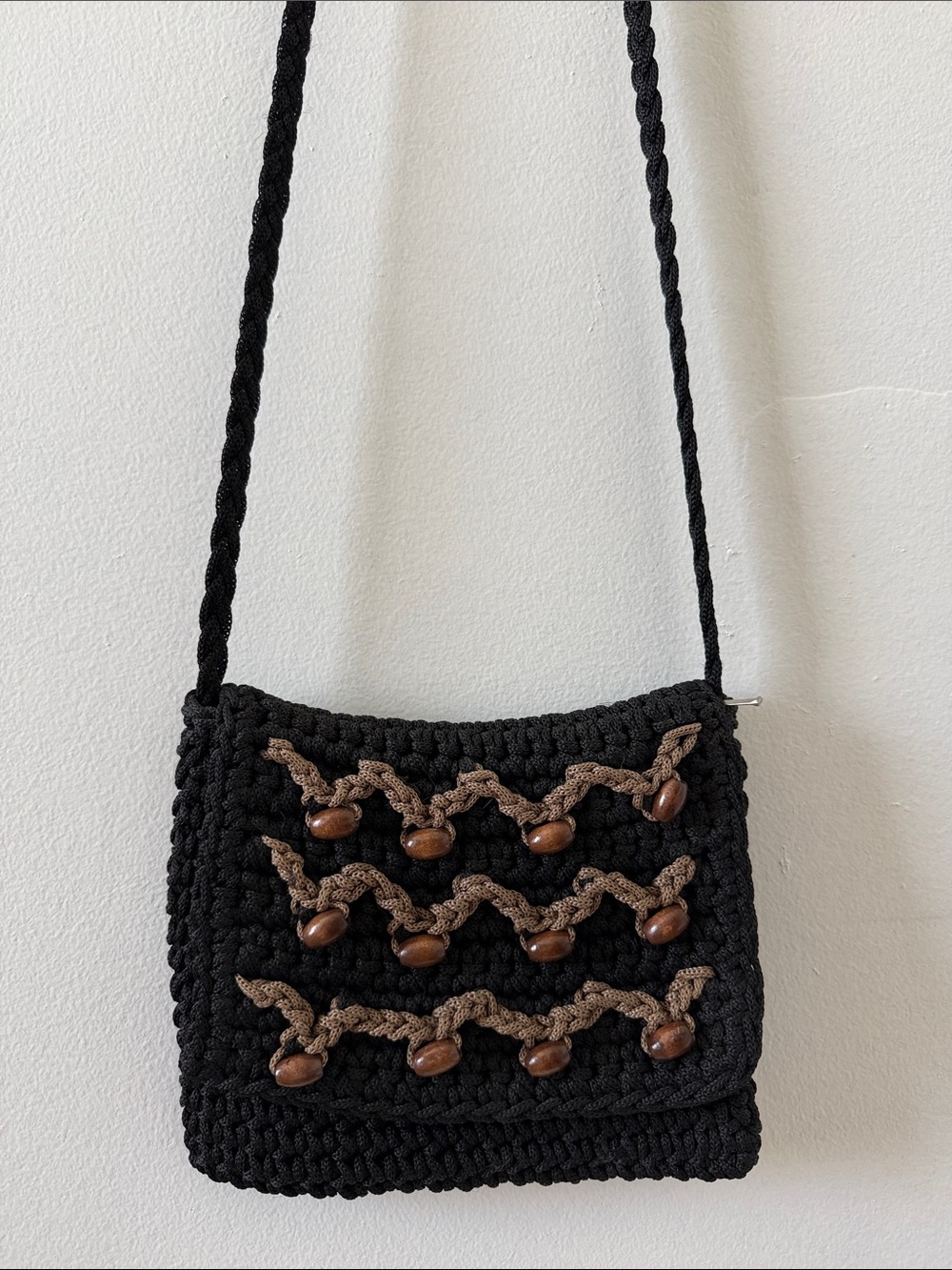 Hand Crafted Black Crochet Crossbody Bag with Brown Bead Trim